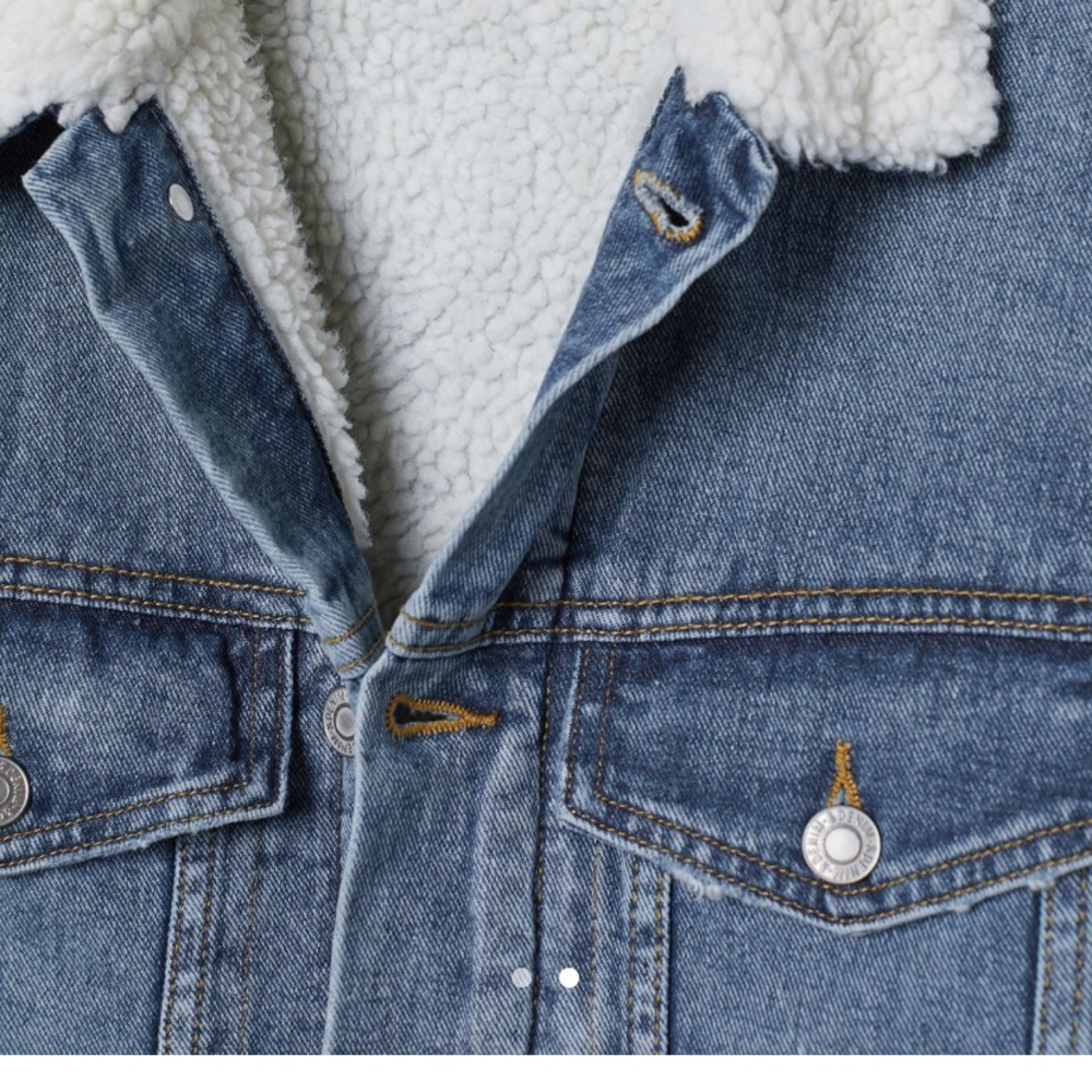 Long warm-lined jacket in washed denim
